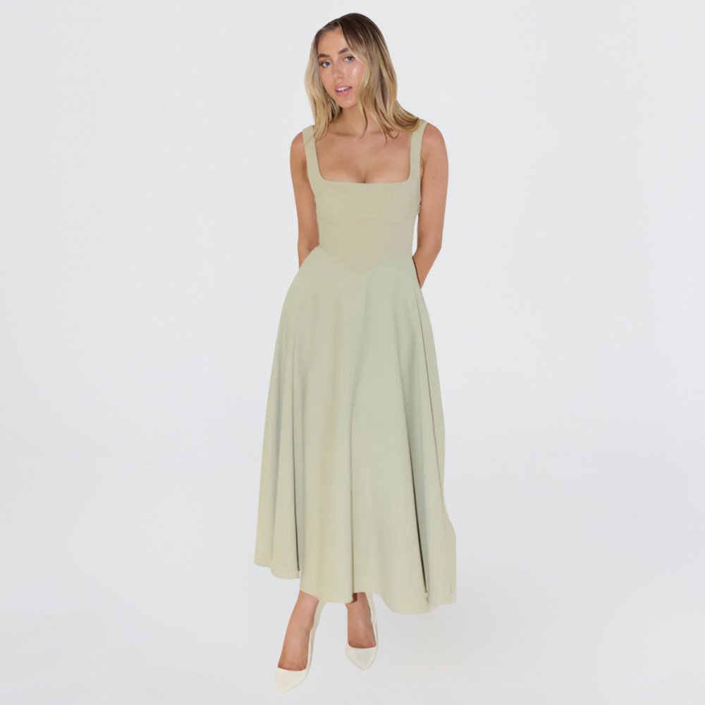 Grünes Damen-Midikleid mit femininer Passform und quadratischem Ausschnitt – modernes Midikleid für Damen mit hoher Taille