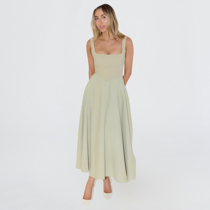 Grünes Damen-Midikleid mit femininer Passform und quadratischem Ausschnitt – modernes Midikleid für Damen mit hoher Taille