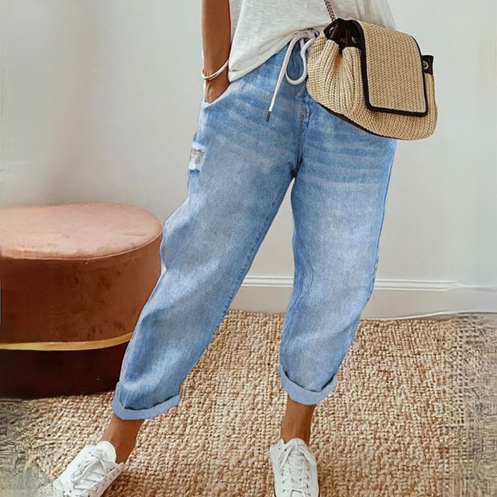 Blaue Damenhose mit umgeschlagenem Saum und Kordelzug – bequeme Leichte denim-Hose für entspannte Outfits