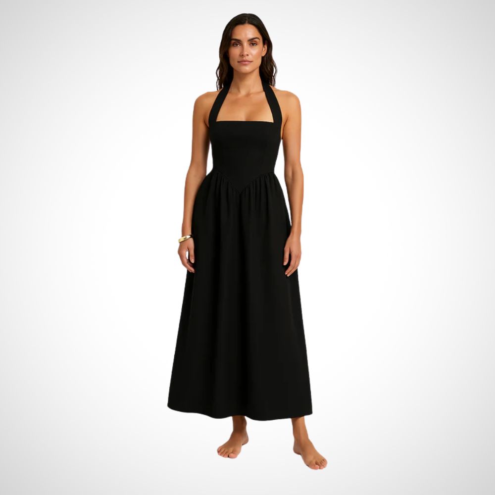Elegantes schwarzes Maxikleid mit Neckholder – schlicht und stilvoll