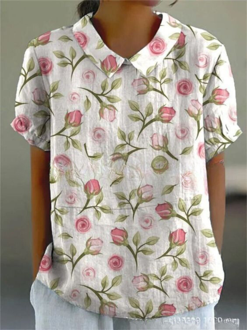 Sanftes pinkes Blumenmusterbluse für Damen, perfekt, um deinem legeren oder halbformellen Look einen Hauch von Weiblichkeit und Farbe zu verleihen
