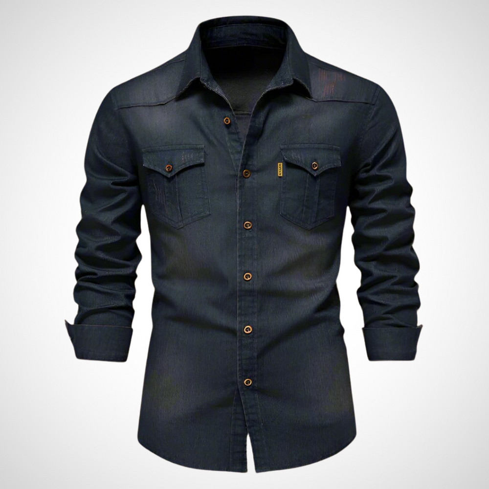 Marineblaues Herrenhemd im figurbetonten Schnitt – bequemes Stretch-Denim Langarmhemd