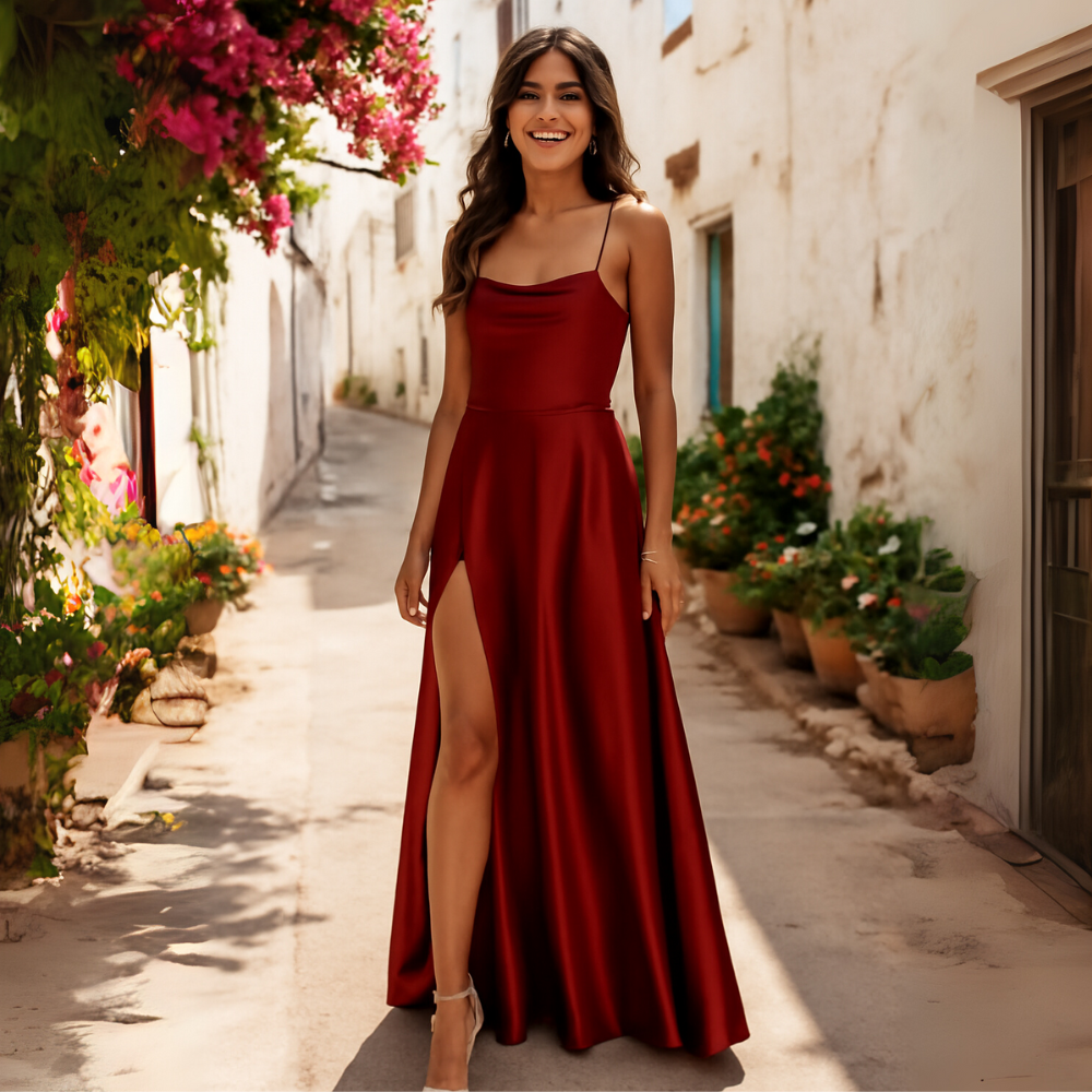 Rotes Maxikleid aus Seidenstoff mit Wasserfallausschnitt und Beinschlitz – stilvolle Wahl für feierliche Anlässe