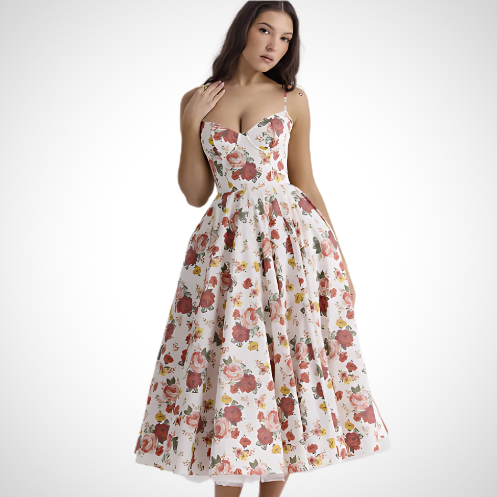 Damen Midikleid in Blumenrot mit A-Linien-Schnitt, Spaghettiträgern und strukturierter Büstenkonstruktion.