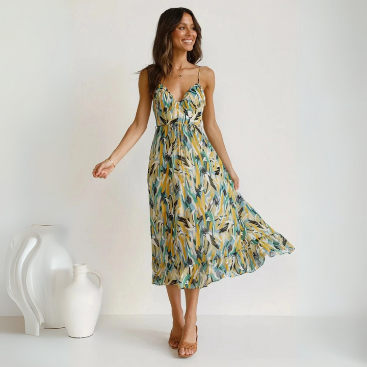 Midikleid mit fließendem A-Linien-Schnitt, farbenfrohem Allover-Print und dünnen Trägern in Grün für Damen.