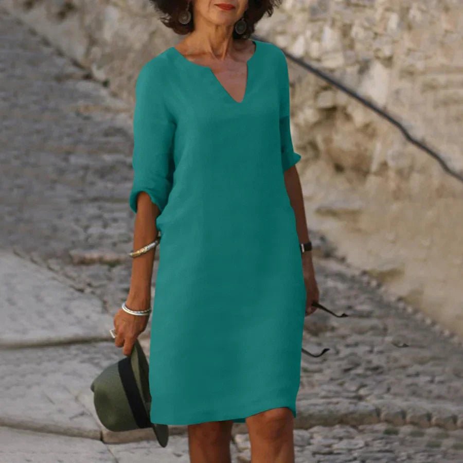 Damen Minikleid mit lockerem Schnitt, tiefem V-Ausschnitt und halblangen Ärmeln in Blau