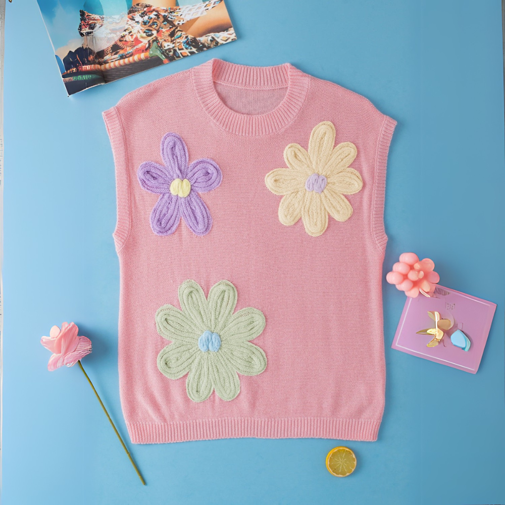 Weichem Stoff Blumenmuster Häkel-Top für Damen in Rosa – feminines Häkel-Top und leichtes Damenoberteil für Sommer.