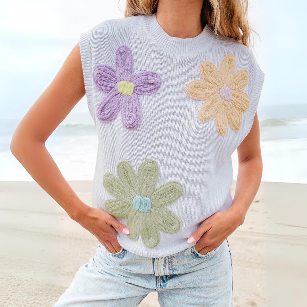 Weichem Stoff Blumenmuster Häkel-Top für Damen in Weiß – elegantes Häkel-Top Damenoberteil mit Blumendetails