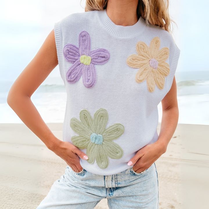 Weichem Stoff Blumenmuster Häkel-Top für Damen in Weiß – elegantes Häkel-Top Damenoberteil mit Blumendetails