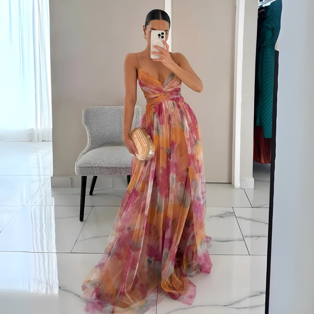 Orangenes Damen-Maxikleid mit Blumenmuster und fließendem Schmeichelhaftes Maxikleid Schnitt für Sommeranlässe