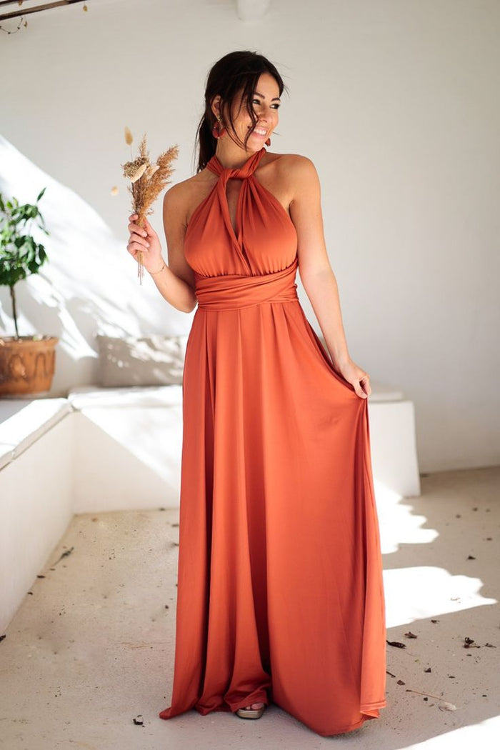 Oranges Damen-Maxikleid schmeichelhaftes Maxikleid mit fließendem Rock für Damen