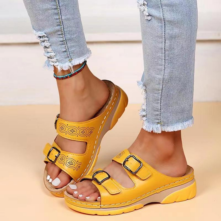 Orthopädische Gel-Sandalen für Damen in Gelb fröhliche Damensandalen mit gelgefütterter Einlage und zuverlässiger Unterstützung