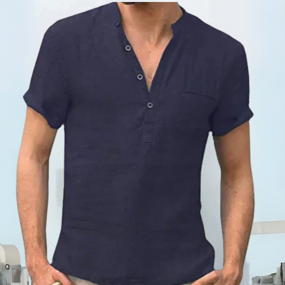 Patrick atmungsaktives Leinenhemd für Herren in Marineblau, kombiniert Stil und Komfort mit einem atmungsaktiven Leinenstoff, ideal für warmes Wetter.