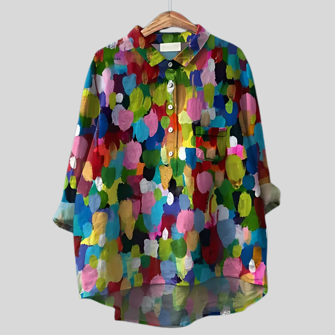 Petrina stylische bedruckte Bluse für Damen in einem lebendigen, bunten Design, mit einem auffälligen Muster und einer bequemen Passform
