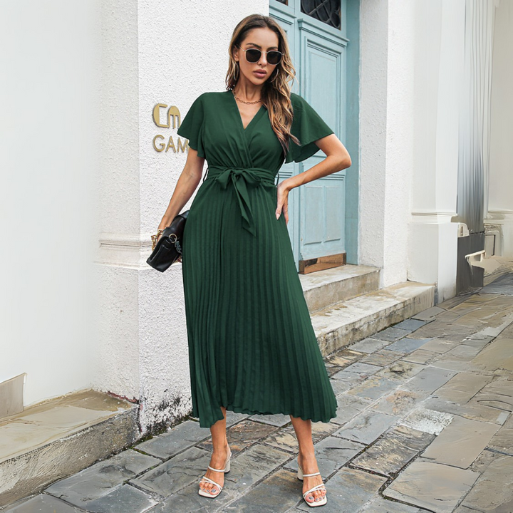 Plissiertes Midikleid mit Taillengürtel für Damen in Grün mit klassischem Schnitt und stilvollem Taillengürtel Damenkleid