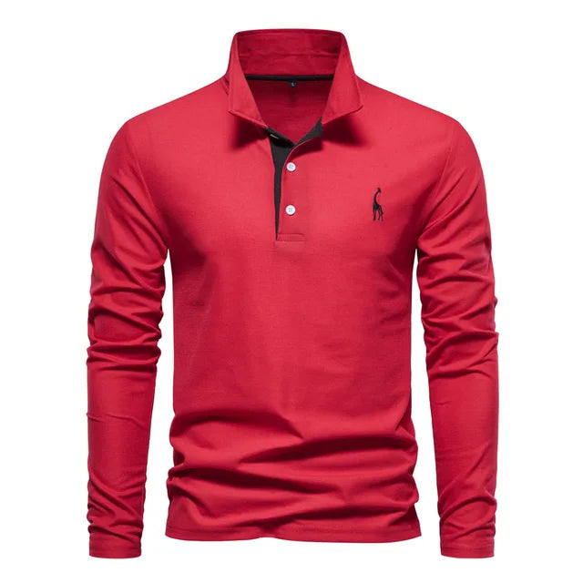 Poloshirt in Rot mit klassischer Knopfleiste, strukturiertem Kragen und langärmeliger Passform für Herren.