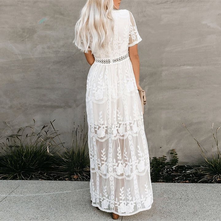 Lucie Damen Spitzen Maxikleid mit V-Ausschnitt