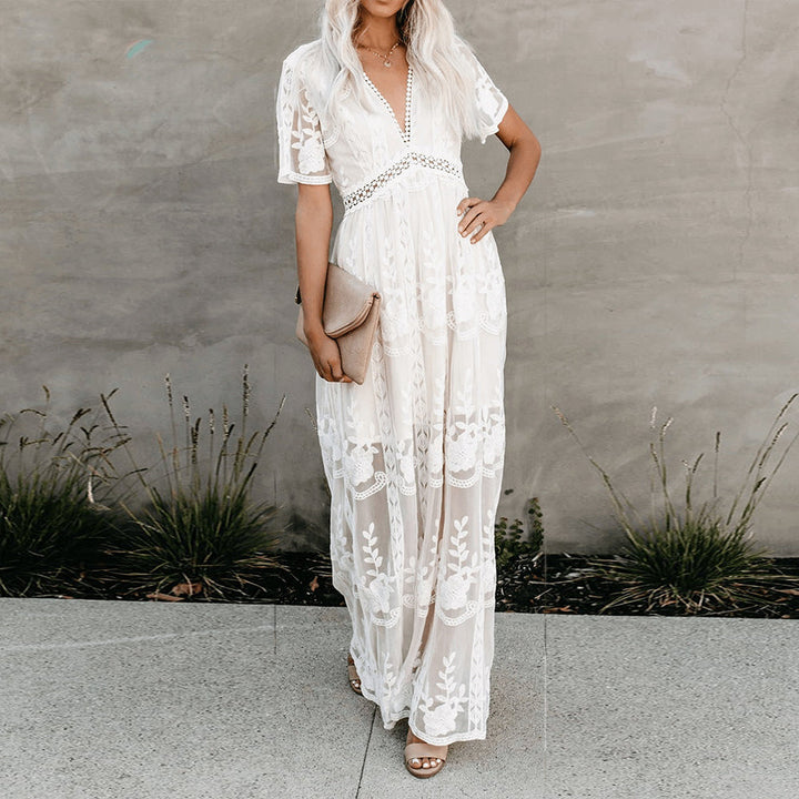 Lucie Damen Spitzen Maxikleid mit V-Ausschnitt