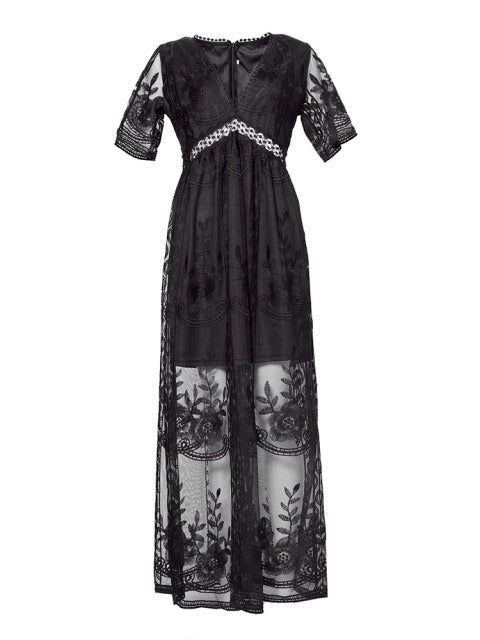Lucie Damen Spitzen Maxikleid mit V-Ausschnitt