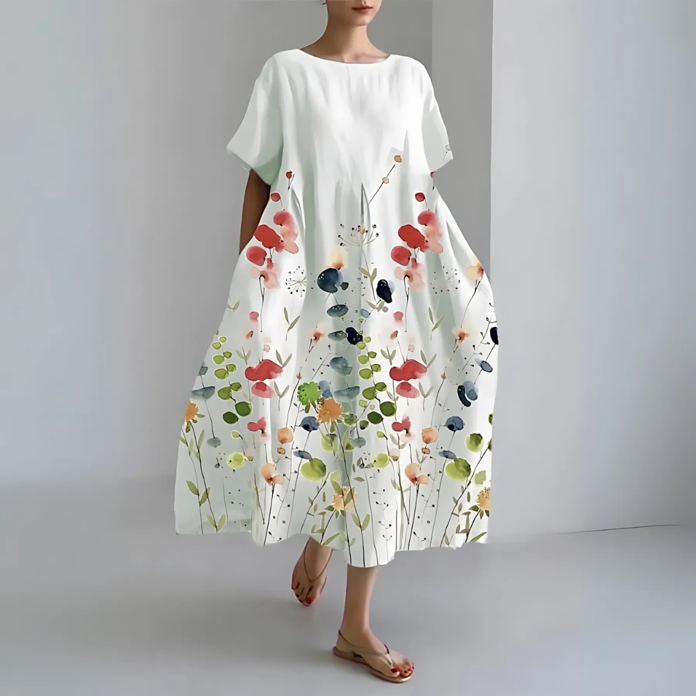 Quintina lässiges Kleid mit Blumenmuster für Damen in Weiß mit buntem Print leicht und luftig
