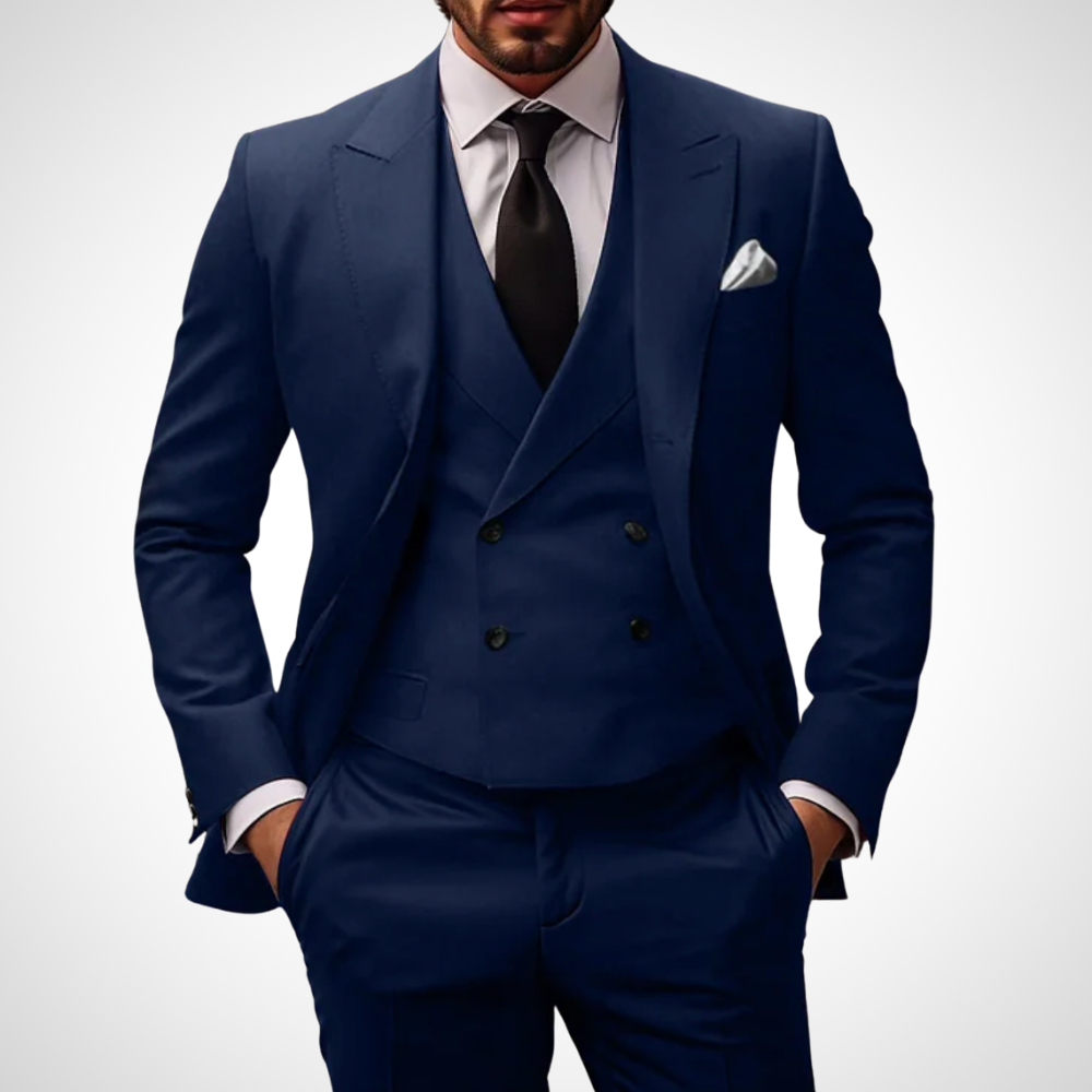 Stilvoller dunkelblauer dreiteiliger Anzug für Herren, der einen scharfen Look und ein vielseitiges Design für Geschäfts- und formelle Veranstaltungen bietet