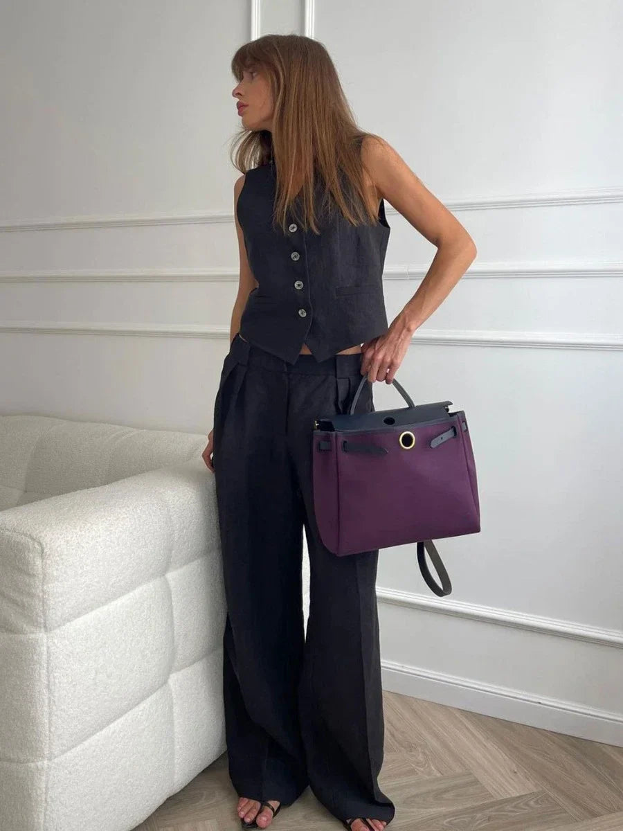 Schwarzer Sommer-Zweiteiler für Damen – eleganter Look mit taillierter Weste und weiter Hose