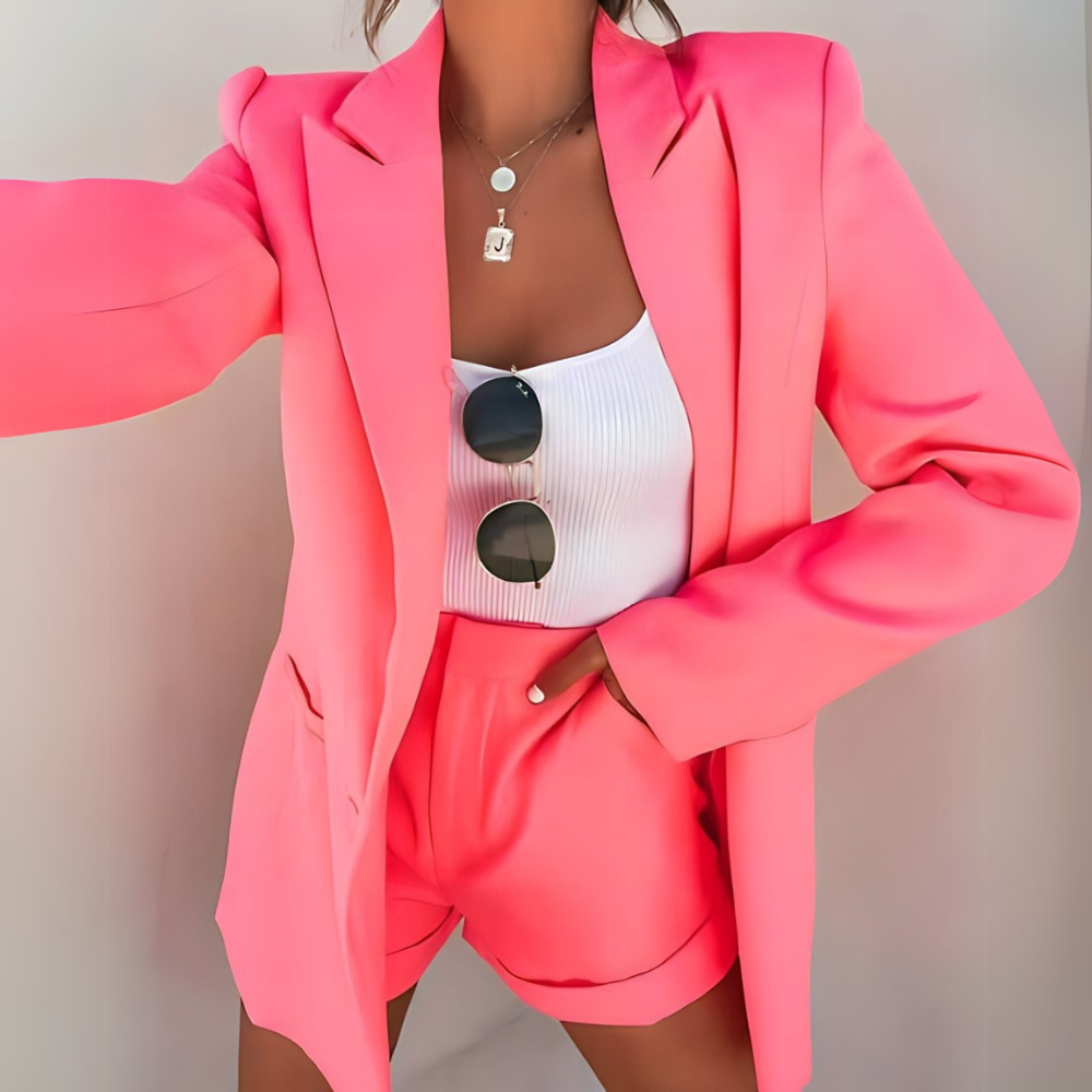 Rosa Damenset mit Blazer und Hose elegantes Leichtes Zweiteiliges Set im maßgeschneiderten Look