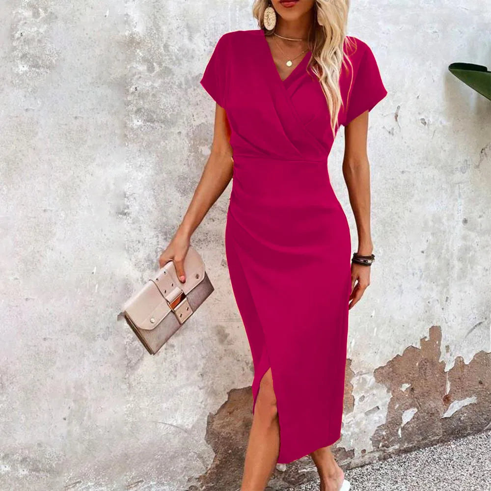 Rosarotes Damen-Midikleid mit starkem Farbton – stilvolles V-Ausschnitt Midikleid für auffällige Outfits
