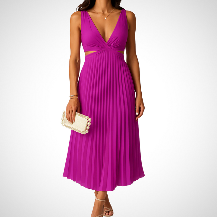 Rosa Sommerkleid für Damen, ärmellos, mit leichtem und luftigem Faltenrock, ideal für Gartenfeste und warme Tage