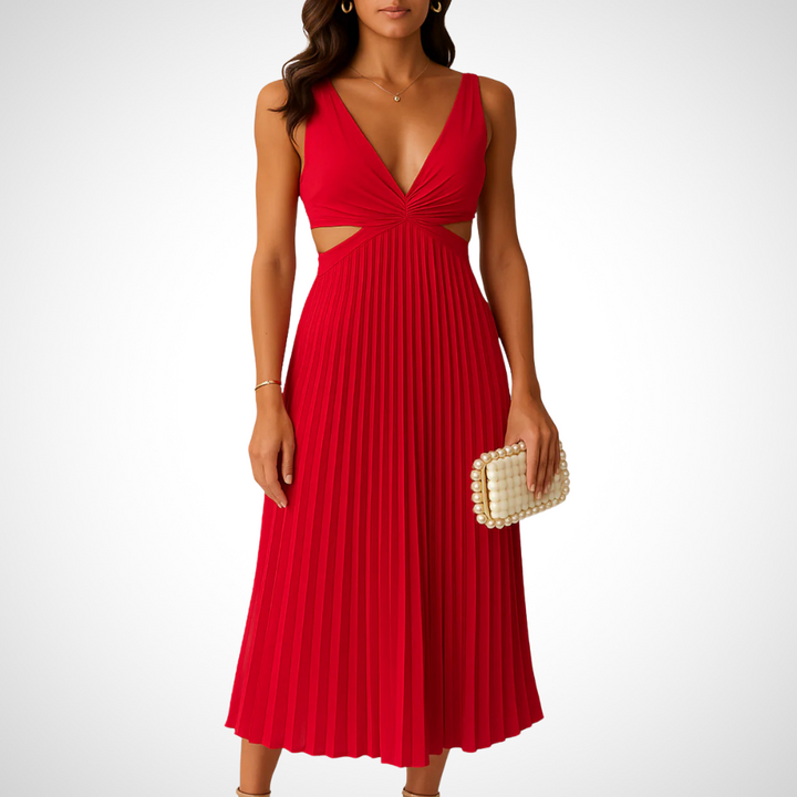Rotes ärmelloses Damen-Sommerkleid mit weichem Stoff und fließendem Faltenrock, ideal für sommerliche Anlässe