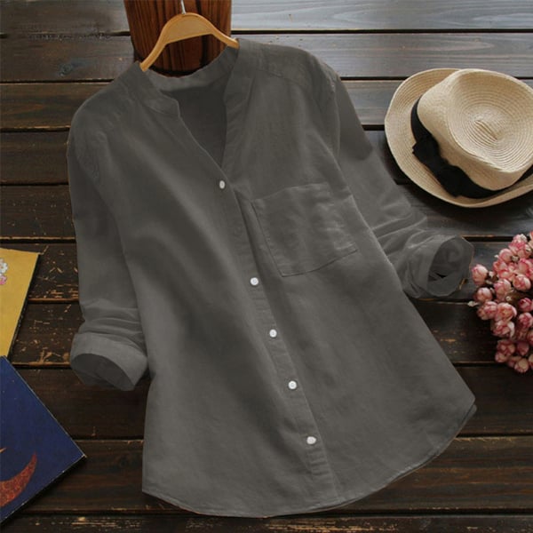 Graue Leinenbluse für Damen mit neutralem Look und luftigem Stil für Alltag oder Urlaubstage
