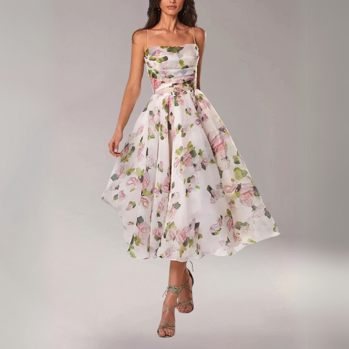 Modernes Damen-Midikleid in Aprikose – Spaghetti-Träger-Midikleid mit strukturierter Passform und schmeichelndem Ausschnitt