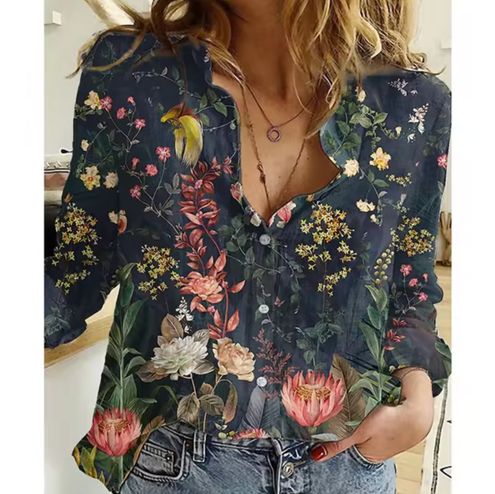 Schwarz-grüne Damenbluse mit auffälligem Blumenmuster besondere Blumenmuster-Bluse für markante Looks