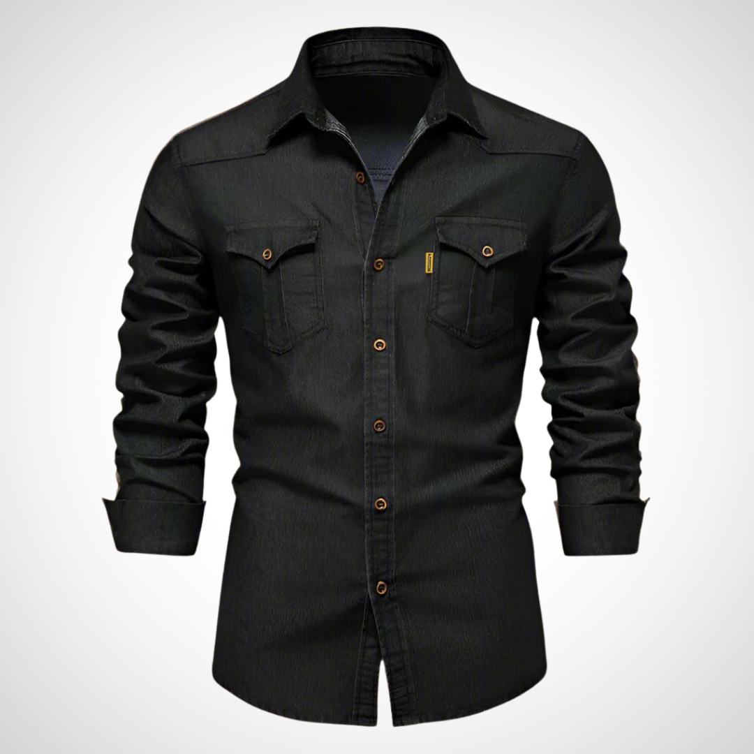 Schwarzes Herrenhemd aus elastischem Material – modernes Stretch-Denim Langarmhemd mit Stil