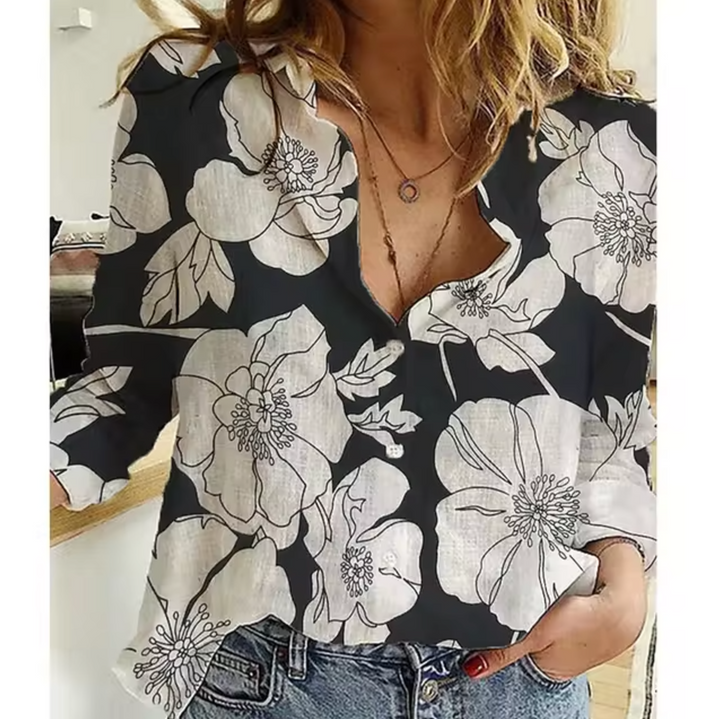 Schwarz-weiße Damenbluse mit Blumenmuster ausdrucksstarke Blumenmuster-Bluse für vielseitige Outfits