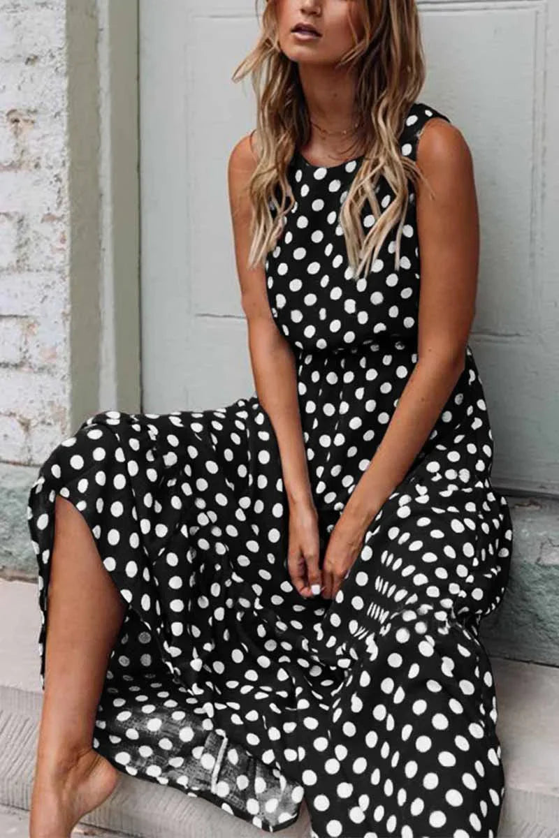 Klassisches schwarzes Damen-Midikleid mit weißen Polka-Dots