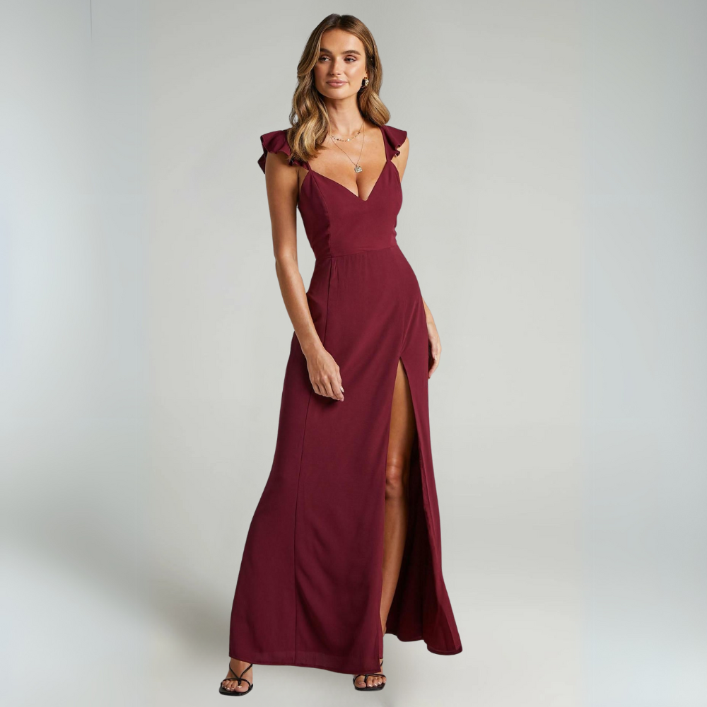 Rotes romantisches Steffi Kleid für Damen mit Schlitz und eleganter Passform ideal für Hochzeiten
