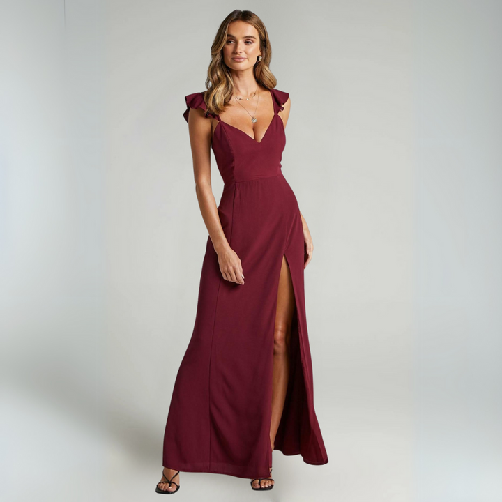 Rotes romantisches Steffi Kleid für Damen mit Schlitz und eleganter Passform ideal für Hochzeiten
