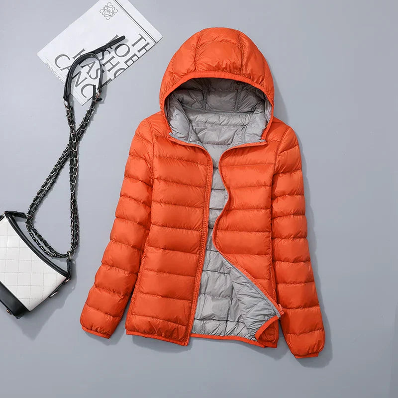 Steppjacke für Damen in Orange und Khaki mit warmer Kapuze, Reißverschluss und Wendefunktion