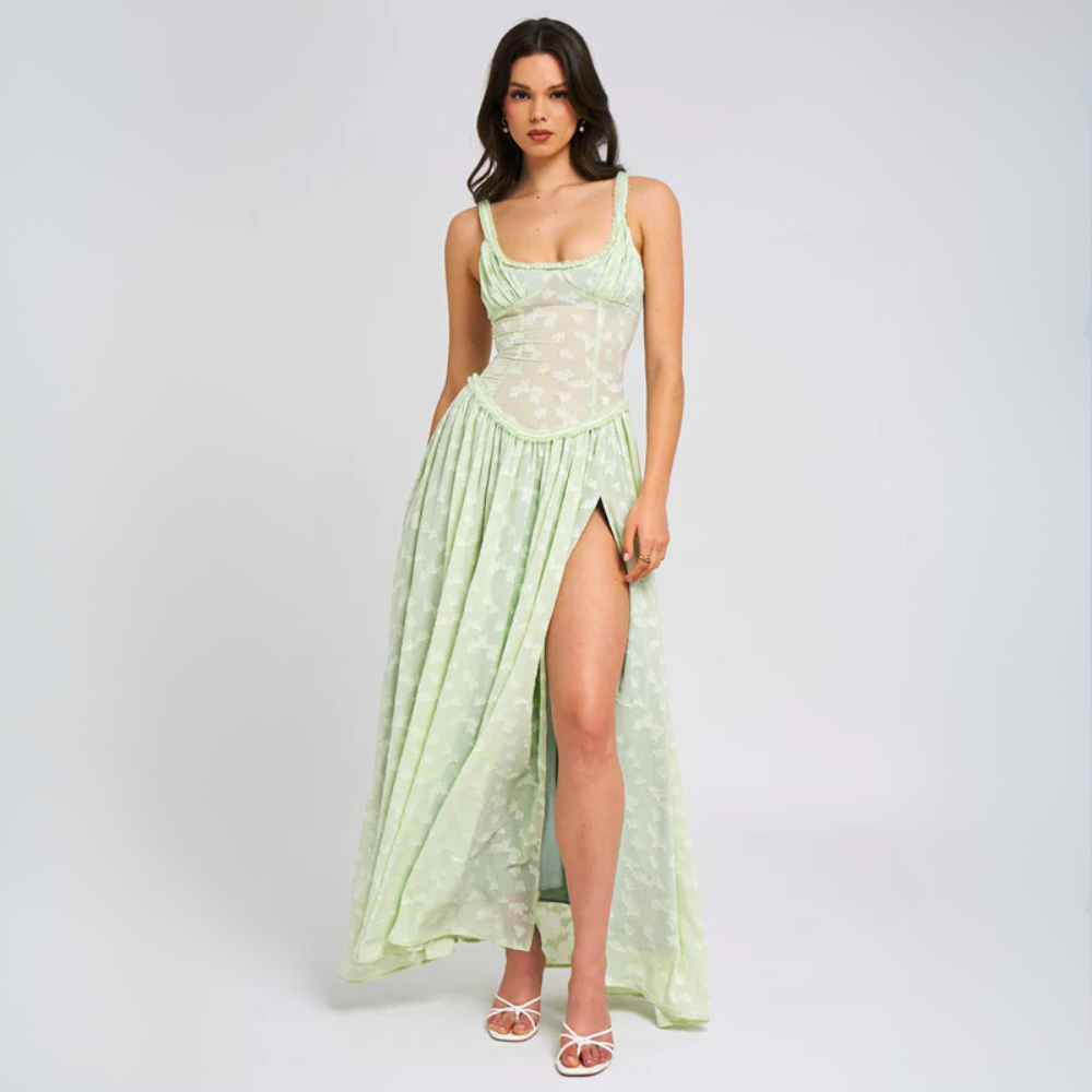 Tiana zeitloses ärmelloses Korsett-Maxikleid für Damen in Grün, mit einem schmeichelhaften Korsett-Design und hohem Schlitz