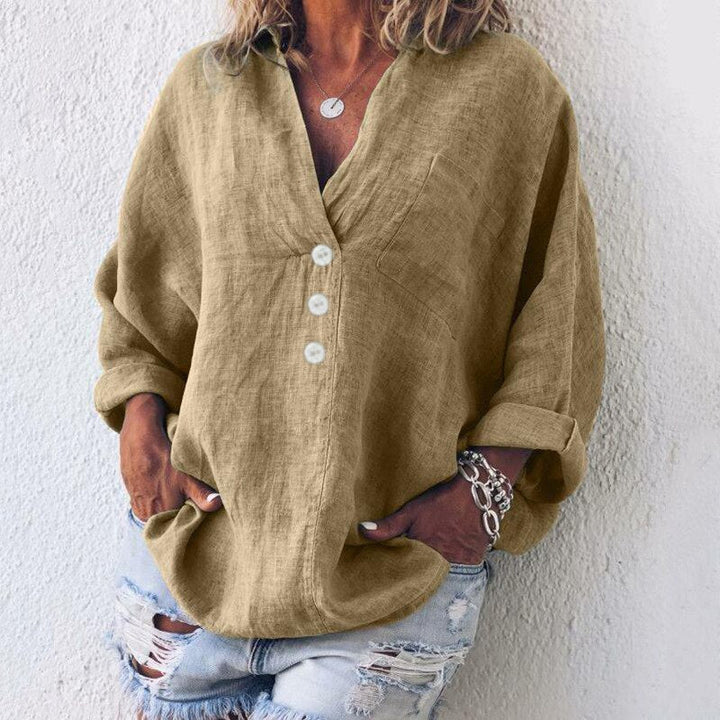 Khakifarbene Damenbluse im Leinenstil mit Knopfleiste – perfekter Mix aus Eleganz und Lässigkeit