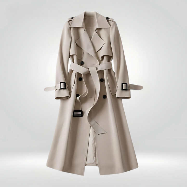 Trenchcoat in Beige mit zweireihigen Design, dem verstellbaren Gürtel und dem windabweisenden Material.