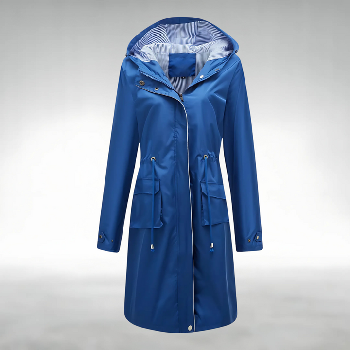 Trenchcoat in Blau mit wasserdichtem Design, winddichter Funktion und verstellbaren Kapuze für Damen