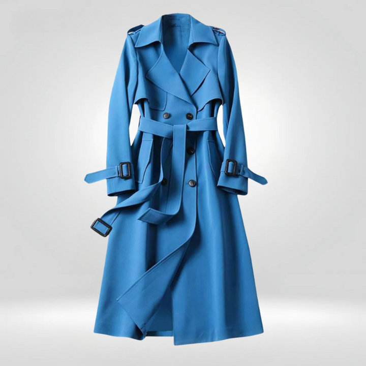 Trenchcoat in Blau mit zweireihigen Design, dem verstellbaren Gürtel und dem windabweisenden Material.