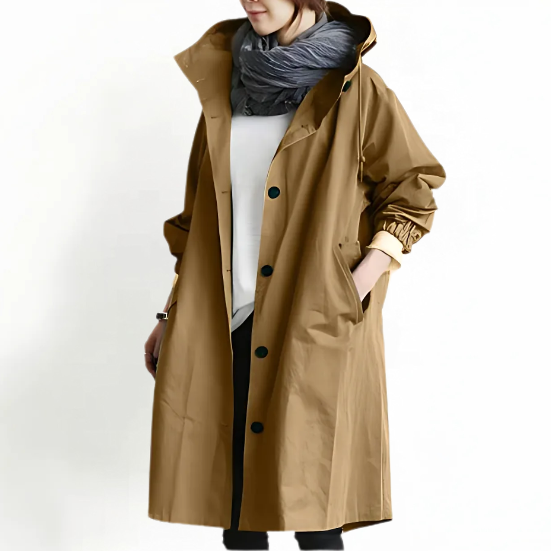 Trenchcoat in Braun mit wasserabweisender Oberfläche, weiten Ärmeln mit Gummizug und praktischer Kapuze für Damen.