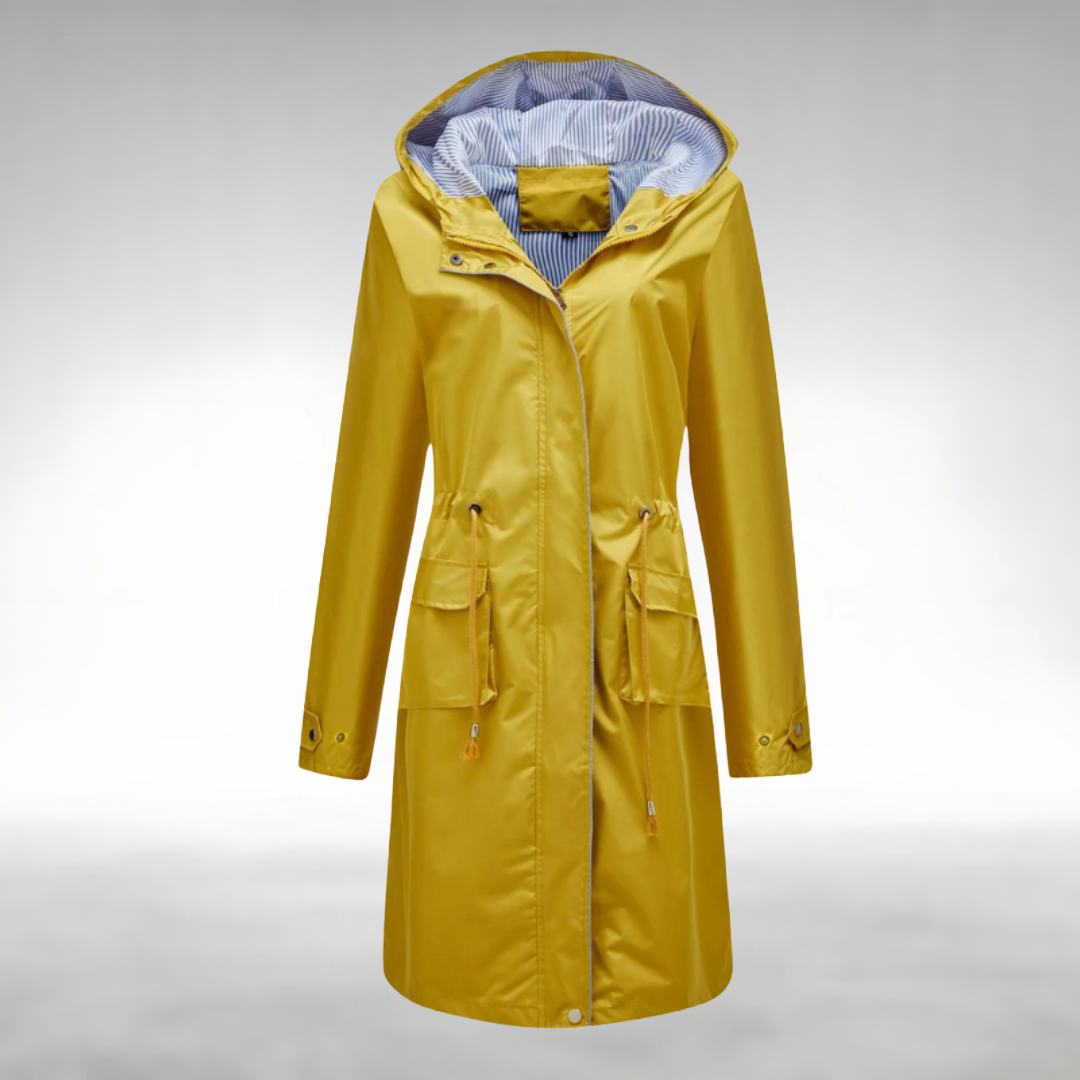 Trenchcoat in Gelb mit wasserdichtem Design, winddichter Funktion und verstellbaren Kapuze für Damen.