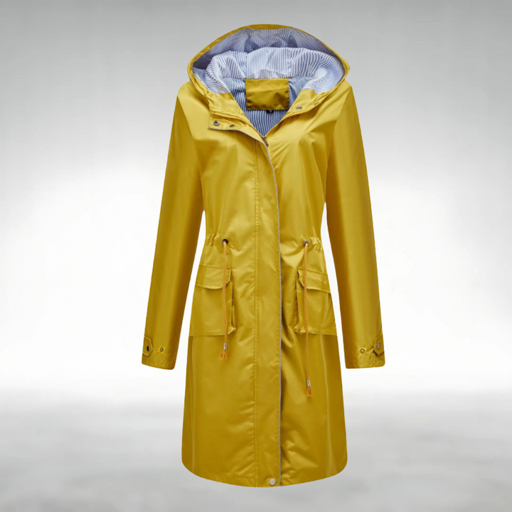 Trenchcoat in Gelb mit wasserdichtem Design, winddichter Funktion und verstellbaren Kapuze für Damen.