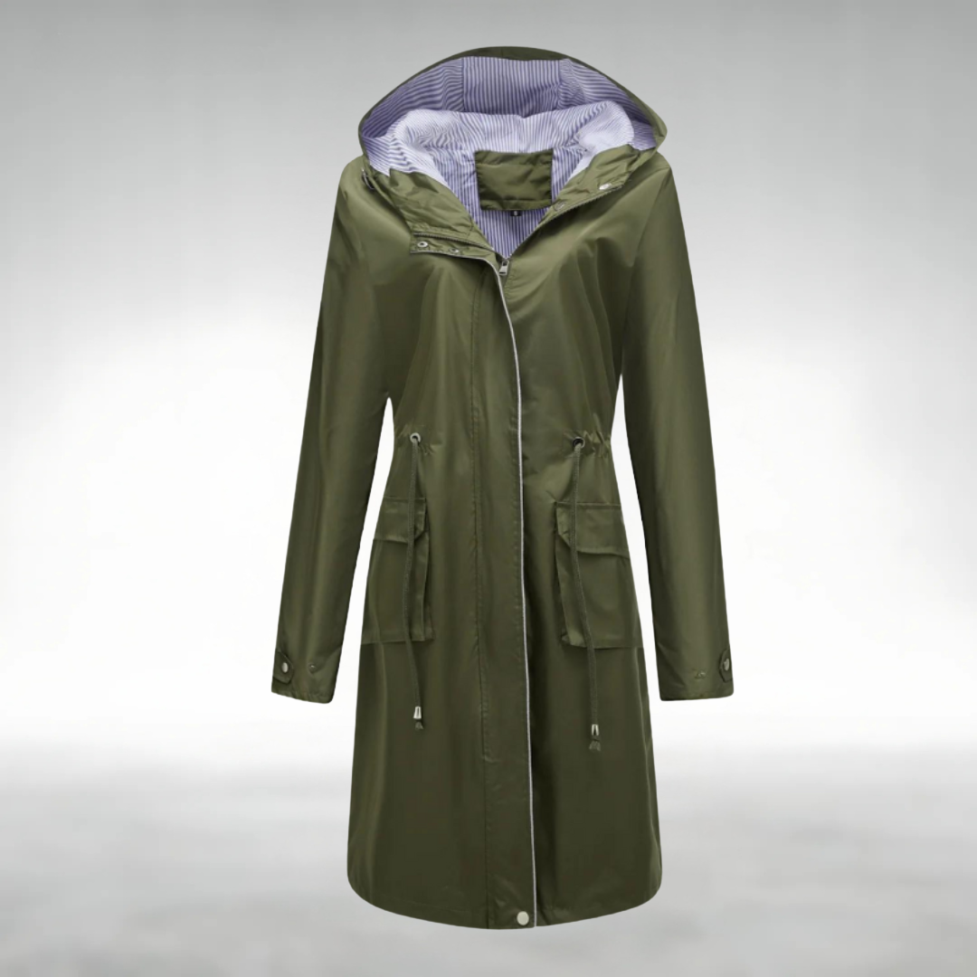 Trenchcoat in grün mit wasserdichtem Design, winddichter Funktion und verstellbaren Kapuze für Damen.