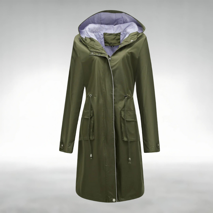 Trenchcoat in grün mit wasserdichtem Design, winddichter Funktion und verstellbaren Kapuze für Damen.
