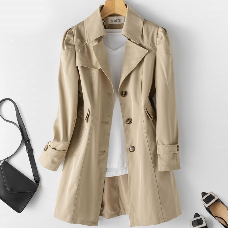 Trenchcoat für Damen in Khaki mit taillierter Passform, knöpfbaren Manschetten und Taschen mit Klappen